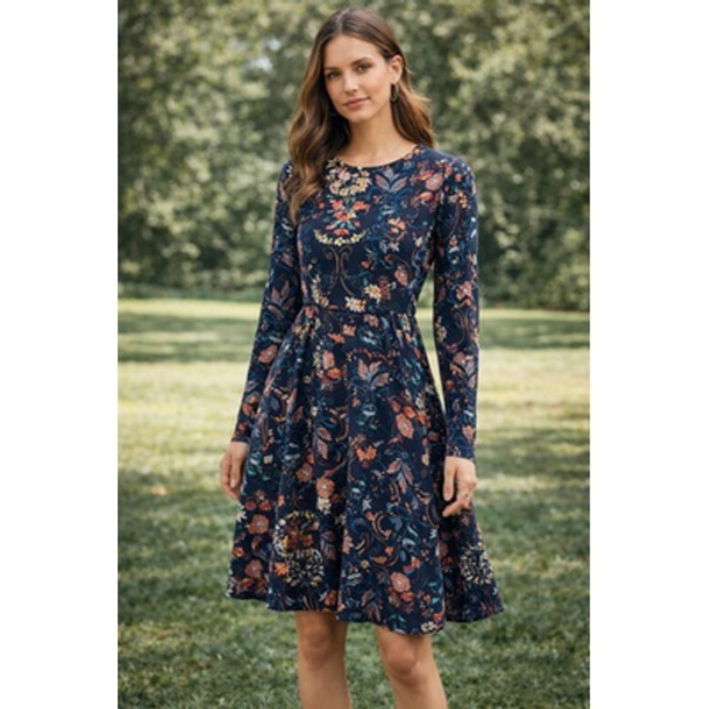 I. Madeline Dress Womens Small Blue Floral Long Sleeve Fit & Flare Midi‎ Boho